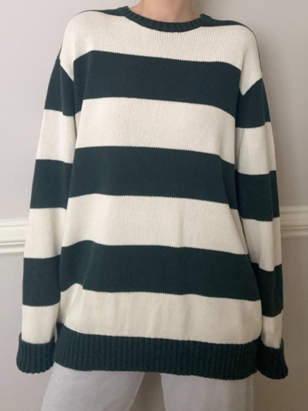 Brandy Melville Green & Cream Striped Sweater